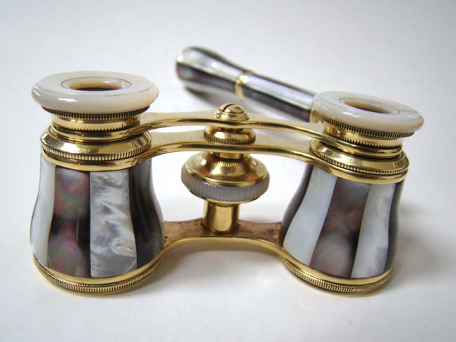 A 'mint' condition pair of Mother-of-pearl mounted Opera Glasses with folding/extending handle circa 1920